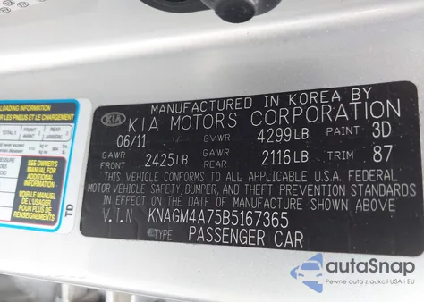 2011 Kia Optima Lx from USA, damaged, VIN KNAGM4A75B5167365